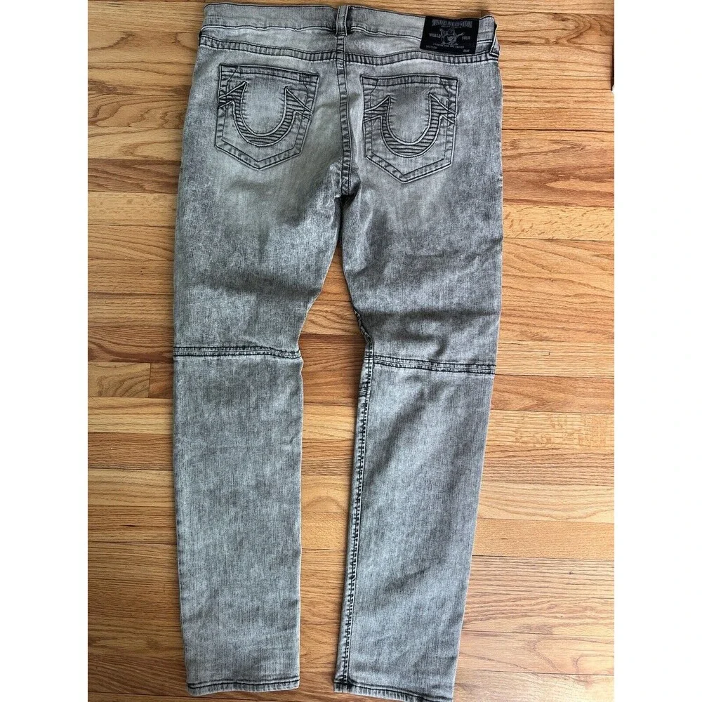 True Religion Relaxed Skinny Moto Jeans‎ Distressed Charcoal Mens 38